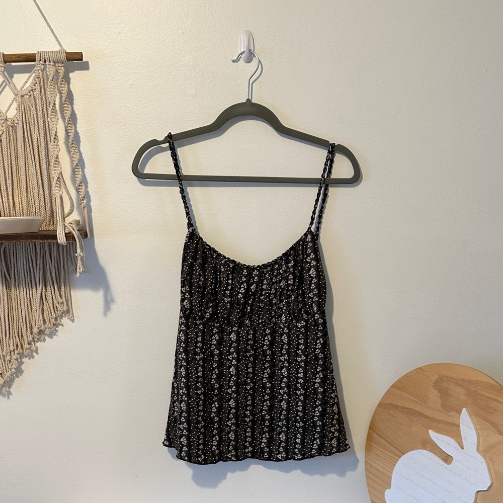 FREE PEOPLE Floral Black Spaghetti Strap Top